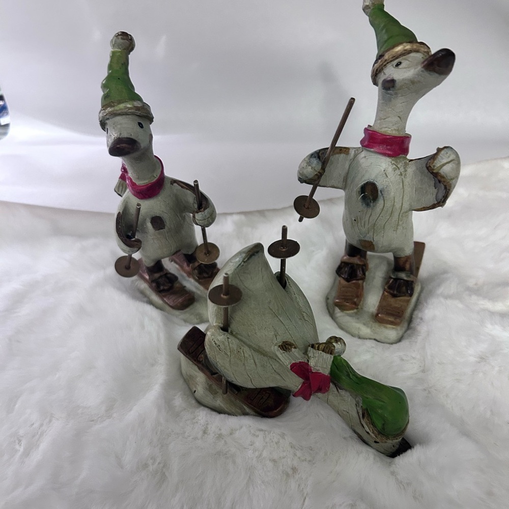TII Christmas Resin Skiing Ducks Figurines 6 4" 3pc 1 missing pole